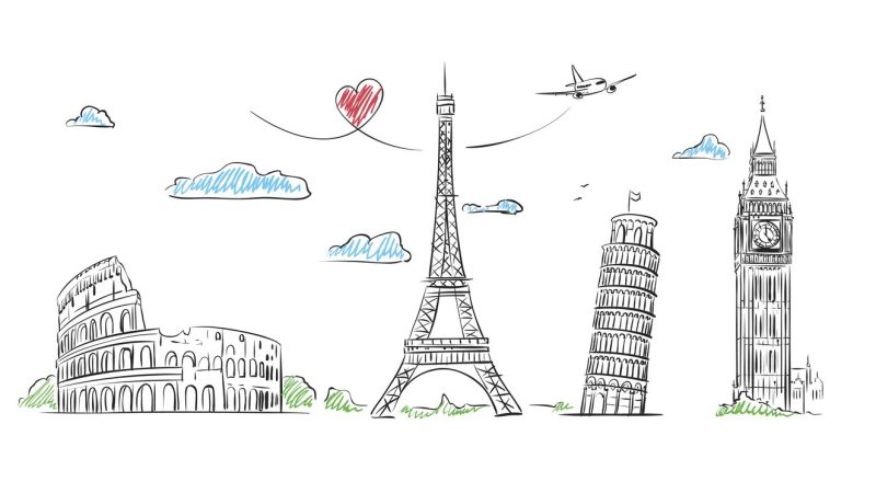 European cities symbols sketch. Hand drawn tourist collage. Vector Illustration