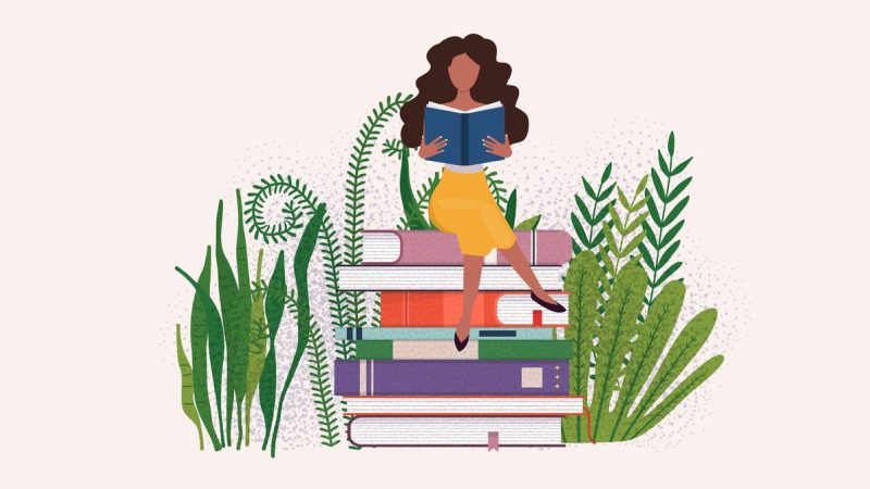 Time to studying. Girl reading a book. Science concept with book icons.
Flat design modern vector illustration concept.