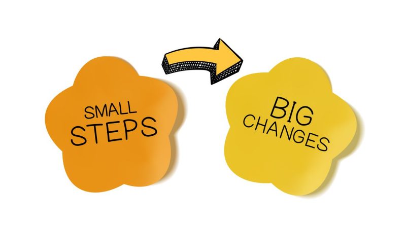 Vector motivational poster: small steps lead to big changes, illustration background, yellow and orange colors.