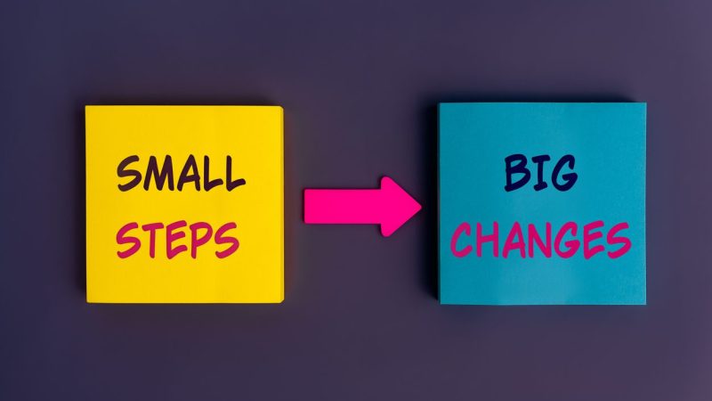 Small Steps, Big Changes - concept text. Motivational advice or reminder on colorful sticky notes on the dark blue background. Happy life and self management motivation concept