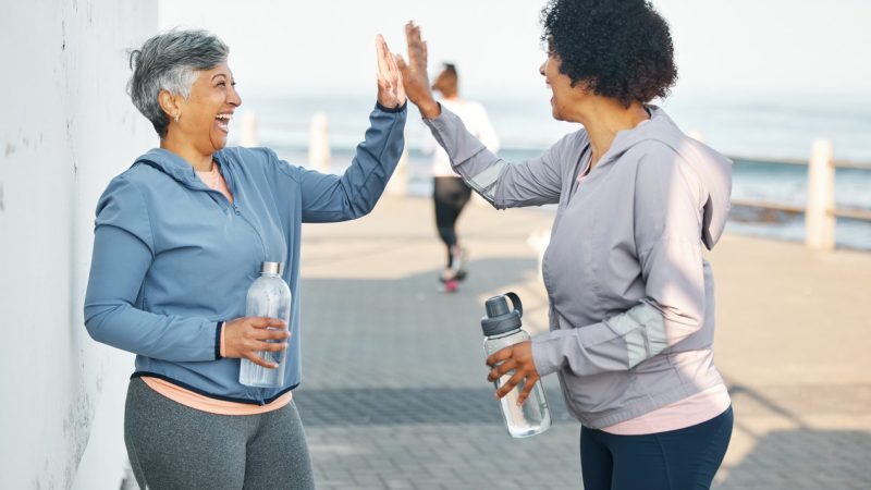Fitness, happy and women high five by ocean for healthy lifestyle, wellness and cardio on promenade. Sports, friends and female people celebrate on boardwalk for exercise, training and workout goals