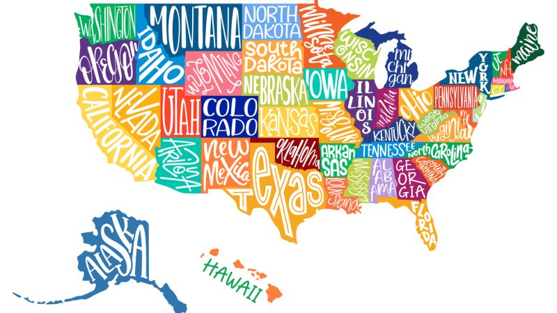 United States of America map with text state names. USA MAP. Flat hand drawn black and white vector illustration. Design USA typography map with states text. American map for poster, banner, t-shirt.